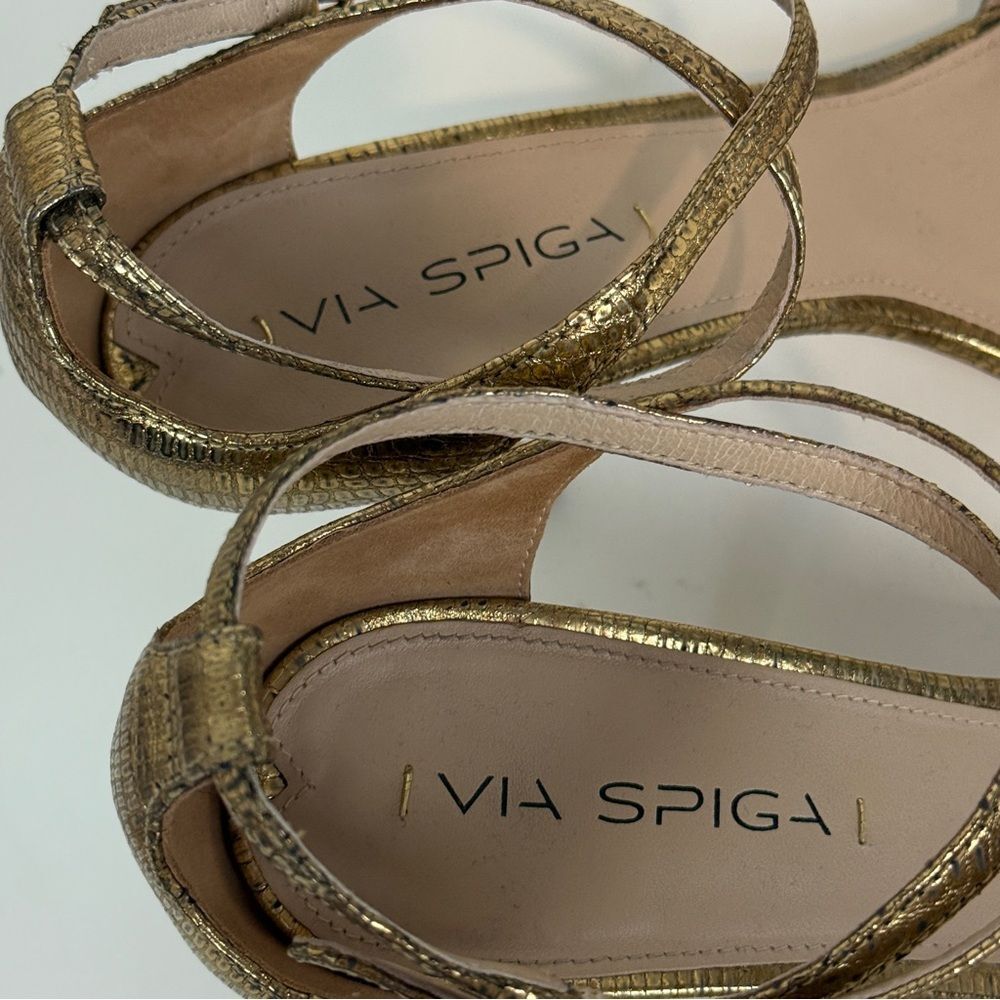 Via Spiga Gold Strappy Snakeskin Embossed Leather Heels 10 - Picture 9 of 10